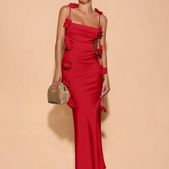 Red Elegant Womens Floral Backless Spaghetti Strap Draped Neck maxi Dress - Picture 4 of 5